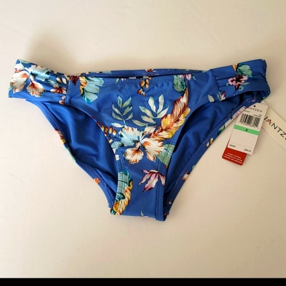 Jantzen Bikini Bottom Size 8 Blue Floral Swimsuit Tummy Control Swimwear Nwt